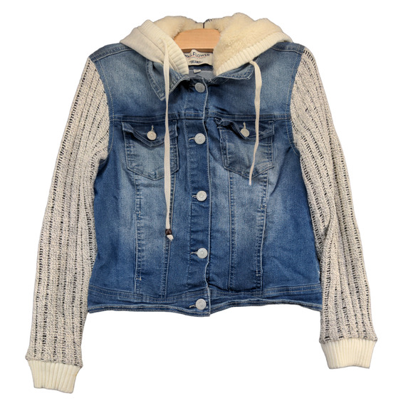 WallFlower Women's The Dreamer Fit Hooded Denim Jacket Blue Medium - Picture 1 of 12
